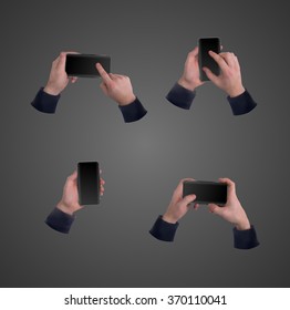 Set hands with phone on transparent background.
