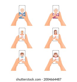 A set of hands with a phone. Video call to family and friends, friends, children, parents.