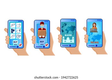 Conjunto de manos y teléfonos con diferentes aplicaciones aisladas en fondo blanco. Concepto de aplicaciones móviles. Manos con smartphones. Concepto de trabajo y comunicación en Internet. Ilustración del vector