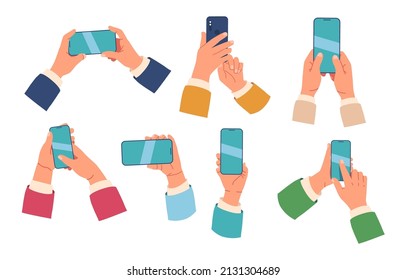 Set of Hands with Phones. Palms Holding Cellphones with Empty Screens. Social Media Interaction, Network Communication on Mobile App. People Buying and Paying Online. Cartoon Vector Illustration