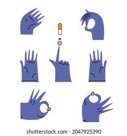 Set of hands with pills. Flat style. Vector
