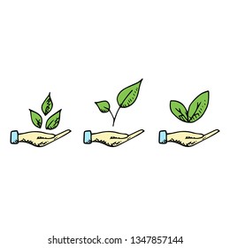 Set of hands with plants. Vector cartoon illustrations. Gardening symbols. Isolated objects on a white background. Hand-drawn style.