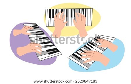 Set of hands playing piano. Isolated on white background. Concept of music, artist, hobby, pianist. Flat vector illustration.