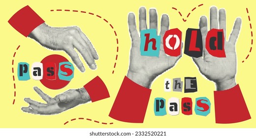 Set of hands, pointer with finger, fists. Halftone style. Collection collage design elements Trendy dotted pop art Vintage grunge punk cutout shapes Hold care concept Vector illustration.