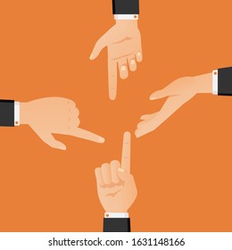 Set of hands pointing at each other vector illustration. Flat hand gestures in black suits showing and directing, argument and discussion arms isolated on orange background.