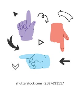 Set of hands with pointing gesture and different arrows. Vector arrows and pointers