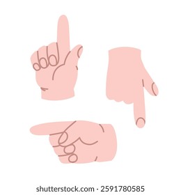 Set of hands with pointing gesture. Sign of attention and direction. Hand with extended index finger. Vector illustration