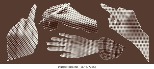 Set of hands in popart halftone style at the brown bg. Grunge effect with pencil and finger tap. Collage vintage scrapbook elements. Beige papers.