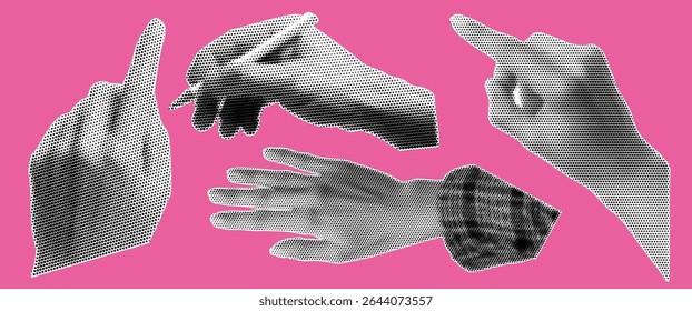 Set of hands in popart halftone style at the pink bg. Grunge effect with pencil and finger tap. Collage scrapbook elements.