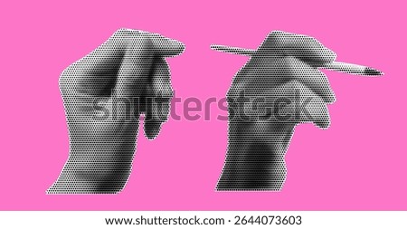 Set of hands in popart halftone style isolated at the pink bg. Grunge effect with brush. Art drawing concept