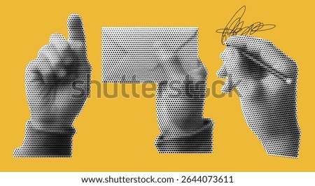 Set of hands in popart style at the yellow bg. Halftone effect with mail and pencil. Write concept