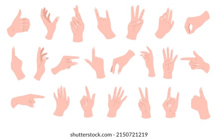 Set of hands poses. Colorful stickers with various positive and unusual gestures. Thumbs up, okay, peaceful, point, rock, size. Human Palm. Cartoon flat vector collection isolated on white background