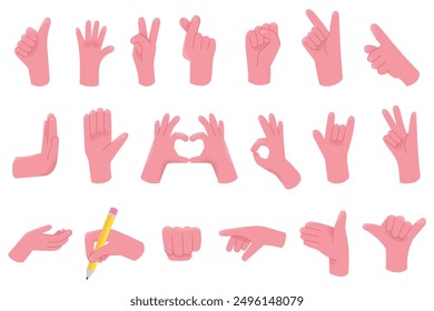 Set Hands stellt Vektorgrafiken dar. Handgesten Sammlung, Arme gedrückt Position. Fingers Signal, verschiedene manuelle Posen der Sprache anständig. Kommunikation oder Gespräch mit Emoji für Boten