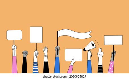 Juego de manos con afiches, megáfono, carteles, pancartas y carteles. Ilustración vectorial en estilo doodle.