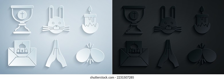 Set Hands in praying position, Burning candle, Greeting card with Happy Easter, eggs, rabbit and Christian chalice icon. Vector