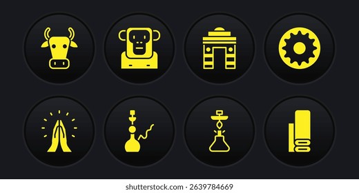 Set Hands in praying position, Chakra, Hookah, India Gate Delhi, Monkey, Indian textile fabric and Cow icon. Vector