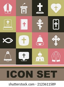 Set Hands in praying position, Christian cross, phone, Grave with, Holy bible book, tombstone, Pope hat and  icon. Vector