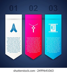Set Hands in praying position, Christian cross chain and Decree, paper, parchment, scroll. Business infographic template. Vector