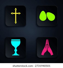 Coloque las manos en posición de oración, cruz cristiana, copa de vino y huevos de Pascua. Botón cuadrado negro. Vector
