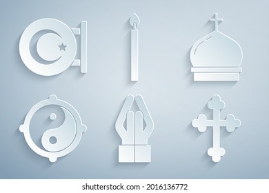 Set Hands in praying position, Church tower, Yin Yang, Christian cross, Burning candle and Star crescent icon. Vector