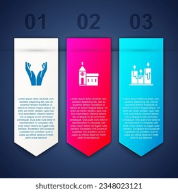 Set Hands in praying position, Church building and Burning candles. Business infographic template. Vector