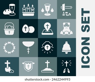 Set Hands in praying position, Church bell, Priest, Christian chalice, Easter egg, Basket with easter eggs, Goblet bread and Location church building icon. Vector