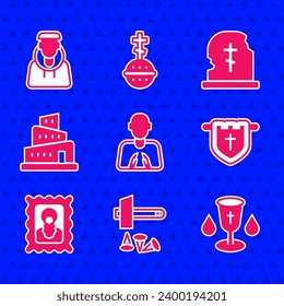 Set Hands in praying position, Crucifixion of Jesus Christ, Christian chalice, Flag with christian cross, icon, Babel tower bible story, Grave tombstone and Monk icon. Vector