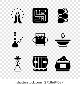 Set Hände in betende Position, Hindu Hakenkreuz, Tandoori Huhn, Hookah, Instrument Tabla, indische Gewürze, und Tasse Teeblatt Ikone. Vektorgrafik