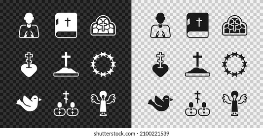 Legen Sie Hände in betenden Position, Heiliges Bibelbuch, gewachsenes Glas, Taube, Priester, Engel, Religiöses Herz und Grab mit Ikone. Vektorgrafik