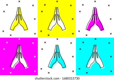 Set Hands in praying position icon isolated on color background. Prayer to god with faith and hope.  Vector Illustration