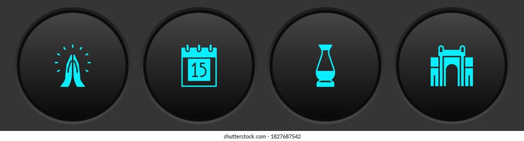 Set Hands in praying position, Independence day India, Indian vase and Gate Delhi icon. Vector.