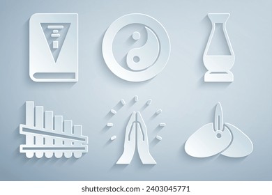 Set Hands in praying position, Indian vase, Pan flute, headgear turban, Yin Yang and constitution day icon. Vector