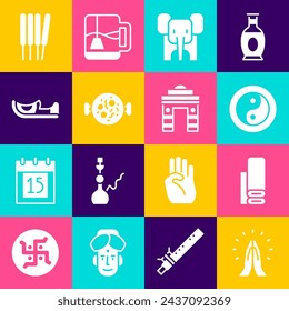 Set Hands in praying position, Indian textile fabric, Yin Yang, Elephant, Chicken tikka masala, shoes, Aroma sticks, incense and Gate Delhi icon. Vector