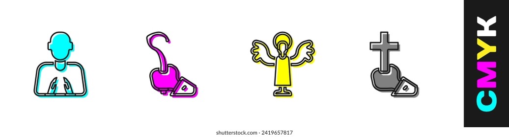 Set Hands in praying position, Magic staff, Angel and Christian cross icon. Vector