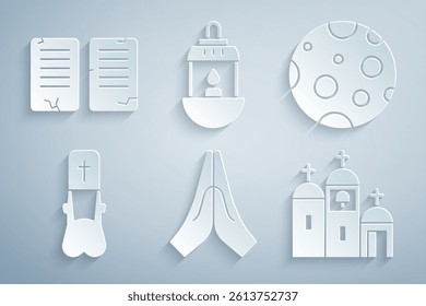 Set Hands in praying position, Moon, Priest, Church building, Ramadan Kareem lantern and The commandments icon. Vector