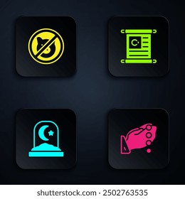 Set Hands in praying position, No pig, Muslim cemetery and Holy book of Koran. Black square button. Vector