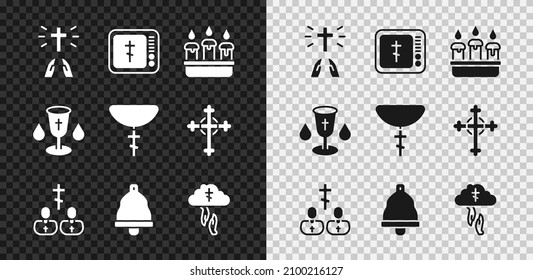 Set Hands in praying position, Online church pastor preaching, Burning candle candlestick, Priest, Church bell, God's helping hand, Christian chalice and cross chain icon. Vector