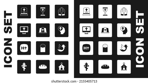Set Hands in praying position, Pope hat, Christian cross monitor, Grave with tombstone, Priest, chalice, Dove and  icon. Vector