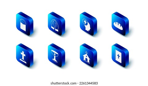 Set Hands in praying position, Priest, Christian bread, Holy bible book, Church building, chalice, Grave with cross and Easter cake icon. Vector