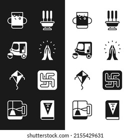 Set Hands in praying position, Taxi tuk tuk, Cup of tea leaf, Incense sticks, Kite, Hindu swastika, India constitution day and with bag icon. Vector