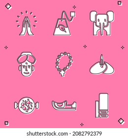 Ponga las manos en posición de oración, bolso de té, elefante, hombre indio, religión de peras de Rosario, turbante de tocador, masala de tikka de pollo e ícono de zapatos. Vector