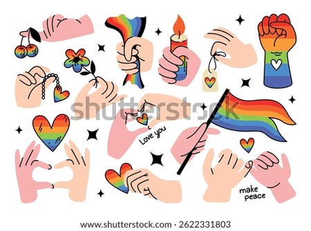 Set of hands with Pride LGBT in retro cartoon style. Different positions of hands gestures and signs. Groovy vector art, symbol of love, friendship, pride June month celebrate, support, freedom, gay.