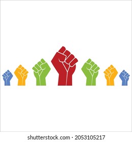 Set hands up proletarian revolution, clenched fist hand. Raised fist - symbol of victory, protest, strength, power and solidarity icon – stock vecto