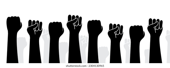 Set hands up proletarian revolution, clenched fist hand. Raised fist  symbol of victory, protest, strength, power and solidarity icon