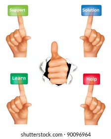 Conjunto de mãos empurrando diferentes botões e polegar para cima. Vetor.