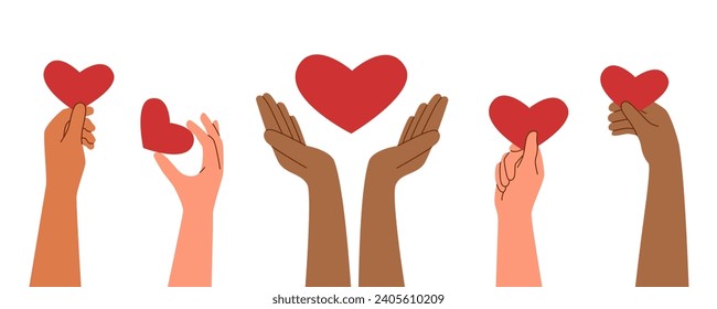 Set of hands raised up and holding hearts isolated on white background. Love and care concept. Valentines day.	