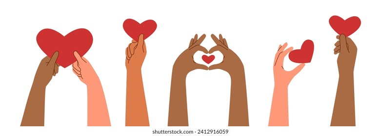 Set of hands raised up and holding hearts isolated on white background. Love and care concept. Valentines day.