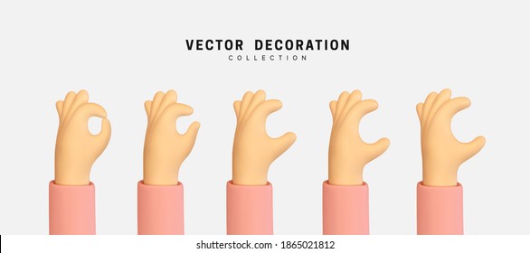 Set of hands raised to the top. Hand group. Men and women arms Decoration 3d object isolated. Vector illustration