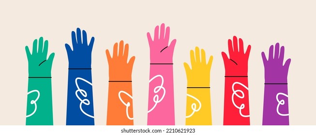 Set of hands raised up. Concept of  volunteer community. Colorful vector illustration