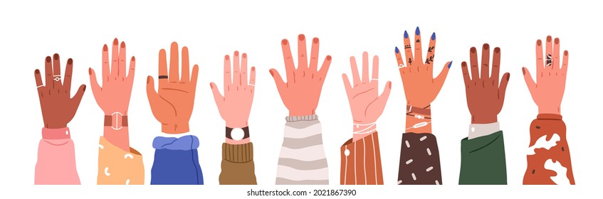 Set Of Hands Raised Up. Group Of Diverse Human Arms With Accessories Rising Together. Concept Of International Volunteer Community. Colored Flat Vector Illustration Isolated On White Background